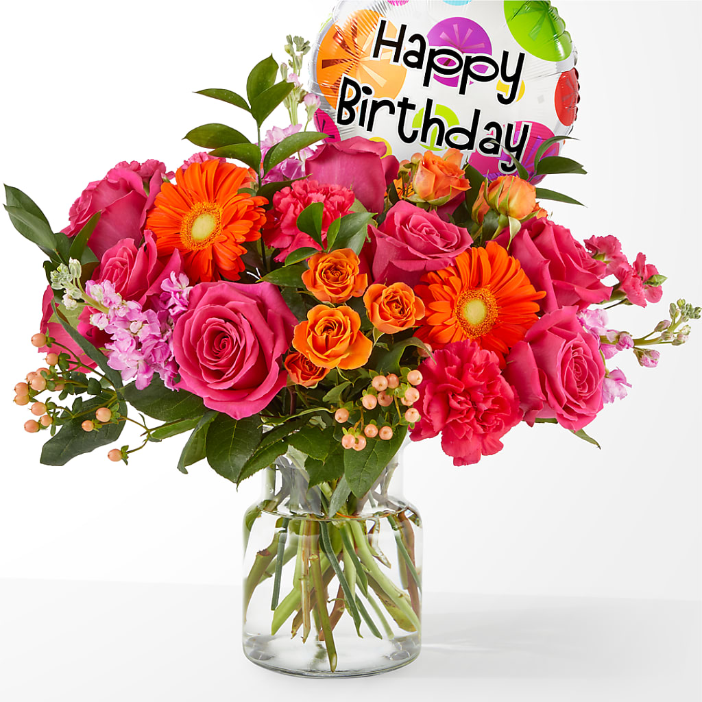 Fiesta Bouquet with Birthday Balloon – A BEAUTIFUL DAY FLORIST WINE & GOURMET, Port Saint Lucie FL