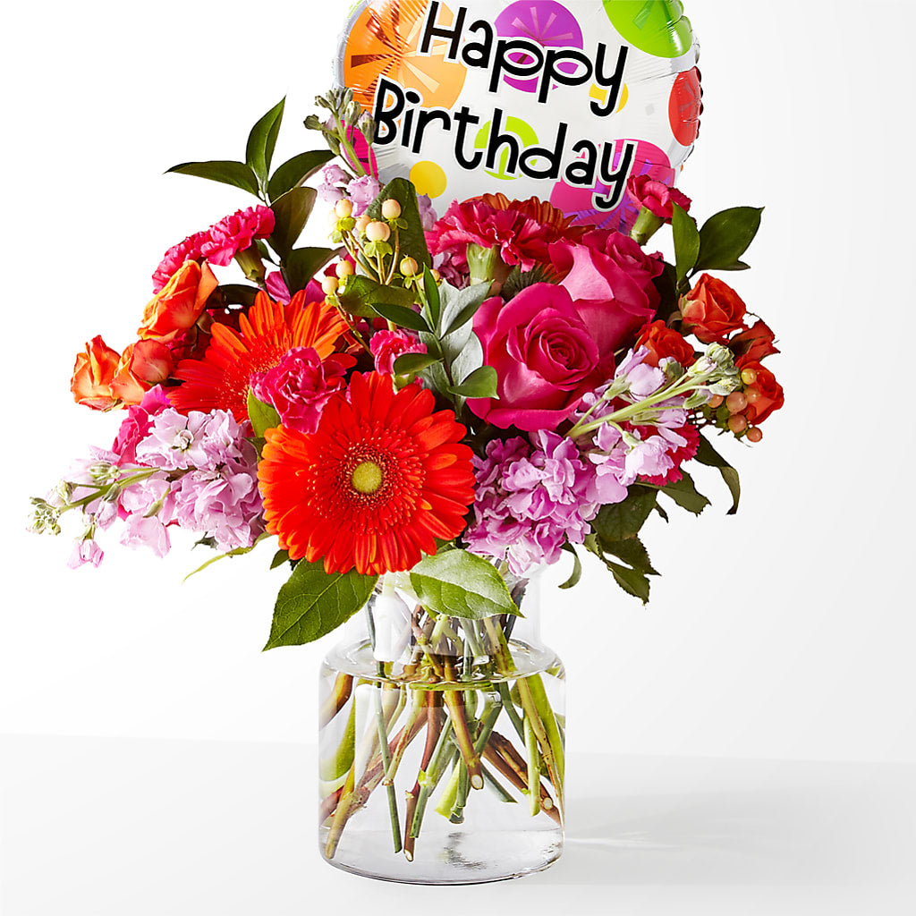 Fiesta Bouquet with Birthday Balloon – A BEAUTIFUL DAY FLORIST WINE & GOURMET, Port Saint Lucie FL