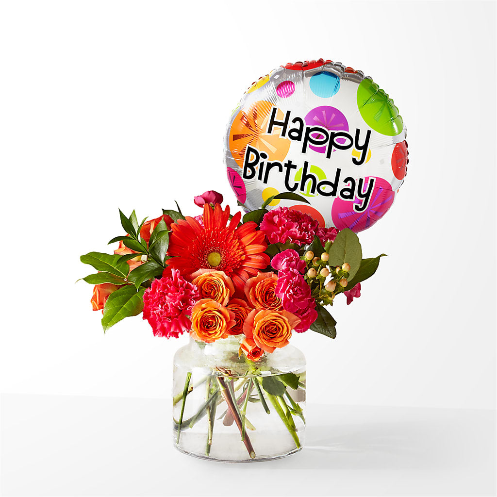 Fiesta Bouquet with Birthday Balloon – A BEAUTIFUL DAY FLORIST WINE & GOURMET, Port Saint Lucie FL