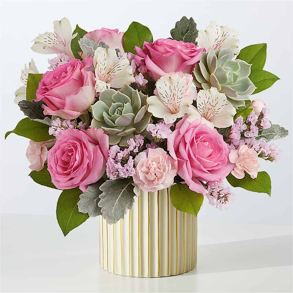 Dusty Rose Bouquet with Ivory Vase – A BEAUTIFUL DAY FLORIST WINE & GOURMET, Port Saint Lucie FL