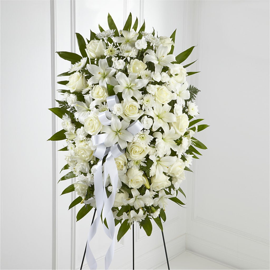 Exquisite Tribute Standing Spray-White Ribbon – A BEAUTIFUL DAY FLORIST WINE & GOURMET, Port Saint Lucie FL