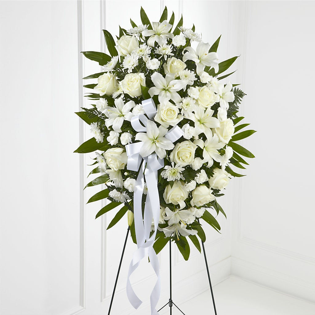Exquisite Tribute Standing Spray-White Ribbon – A BEAUTIFUL DAY FLORIST WINE & GOURMET, Port Saint Lucie FL