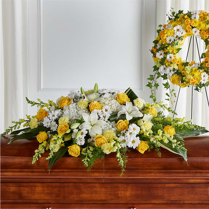 Golden Harmony Casket Spray – A BEAUTIFUL DAY FLORIST WINE & GOURMET, Port Saint Lucie FL